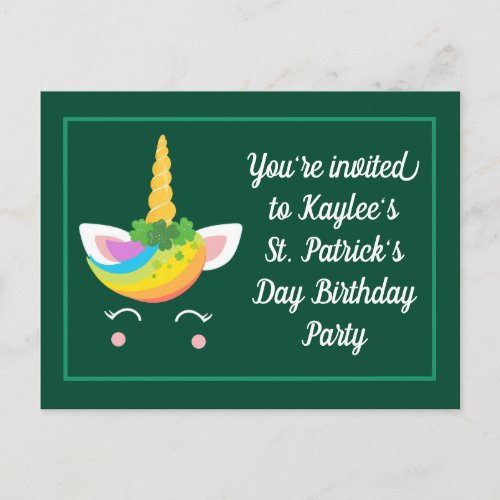 Cute St Patricks Day Unicorn Green Birthday Party Postcard