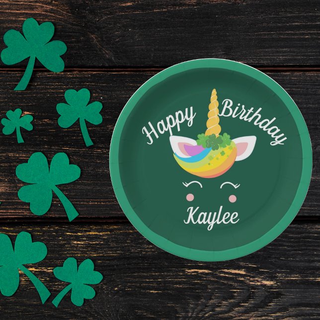 Cute St. Patricks Day Unicorn Happy Birthday Paper Plates (Creator Uploaded)