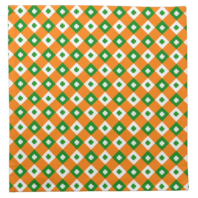 Cute St Patrick's Lucky Clover Green Orange Plaid Cloth Napkin (Front)