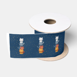 Cute Stacked Cats Satin Ribbon 🐱 Navy Blue Star