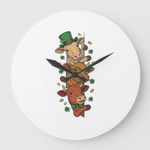Cute Stacked Cows St Patrick Vintage Engraving Des Large Clock
