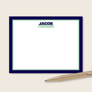 Cute Stacked Name Navy Blue Mint Border Stationery Note Card