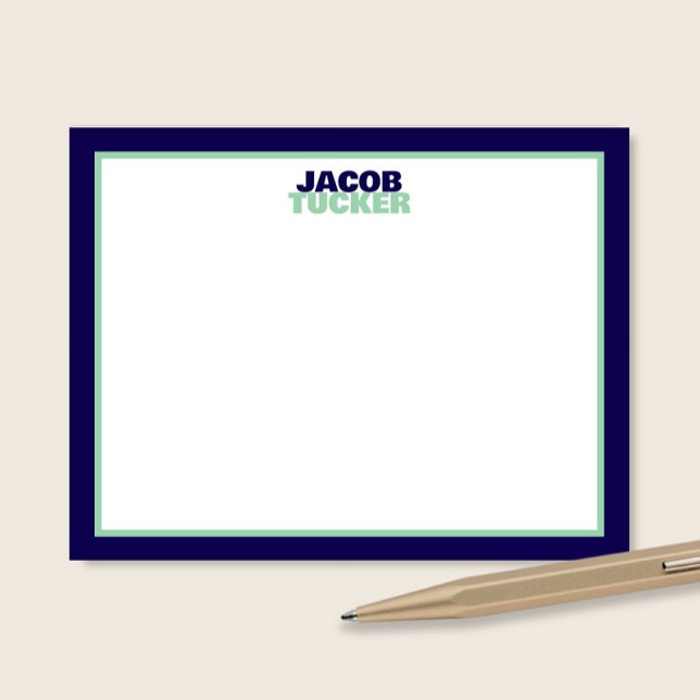 Cute Stacked Name Navy Blue Mint Border Stationery Note Card (Creator Uploaded)