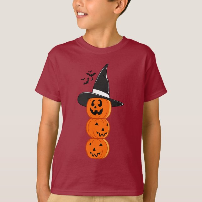 Cute Stacked Pumpkin Witch Halloween Kids' Shirt (Front)