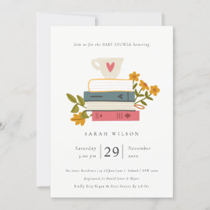 Cute Stacked Storybooks Floral Baby Shower Invite