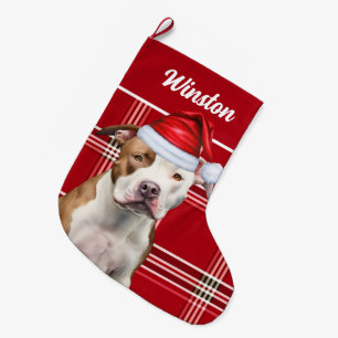 Cute Staffordshire Dog and Red Plaid Custom Large Christmas Stocking