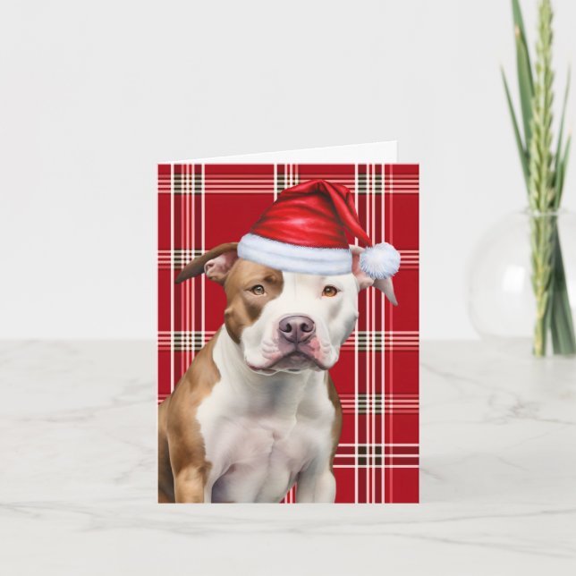 Cute Staffordshire Terrier Santa Dog Red Plaid Holiday Card (Front)