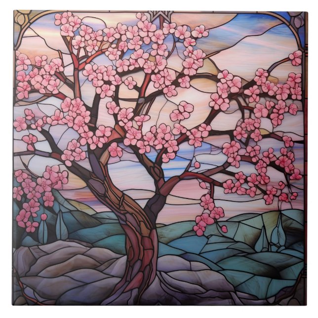 cute stained glass cherry blossom tree  ceramic tile (Front)