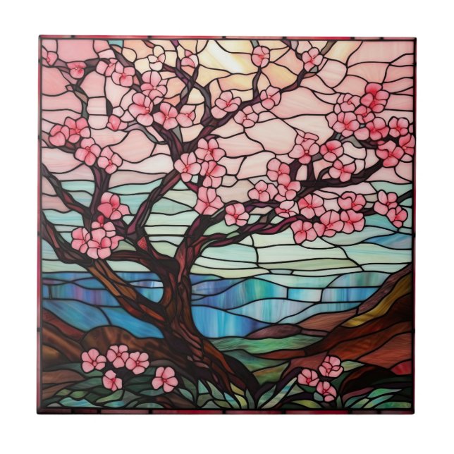 cute stained glass cherry blossom tree  ceramic tile (Front)
