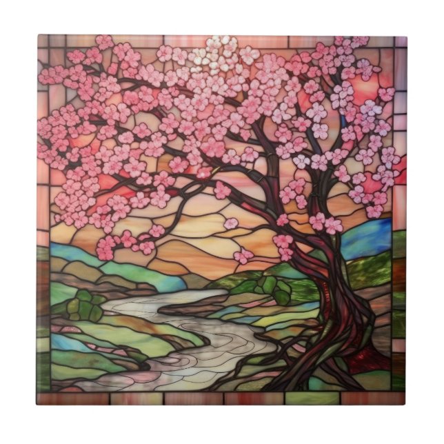 cute stained glass cherry blossom tree  ceramic tile (Front)