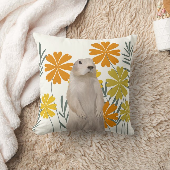 Cute Standing Groundhog - Orange Flowers Throw Pillow (Blanket)