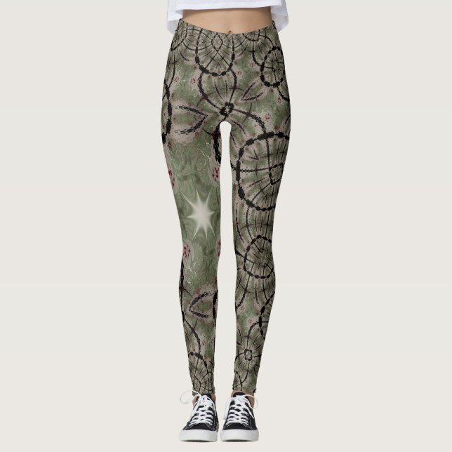 Cute Star Sage Green Black Red Heart Leggings (Front)