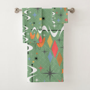 Cute starbursts contemporary mid century green bath towel set