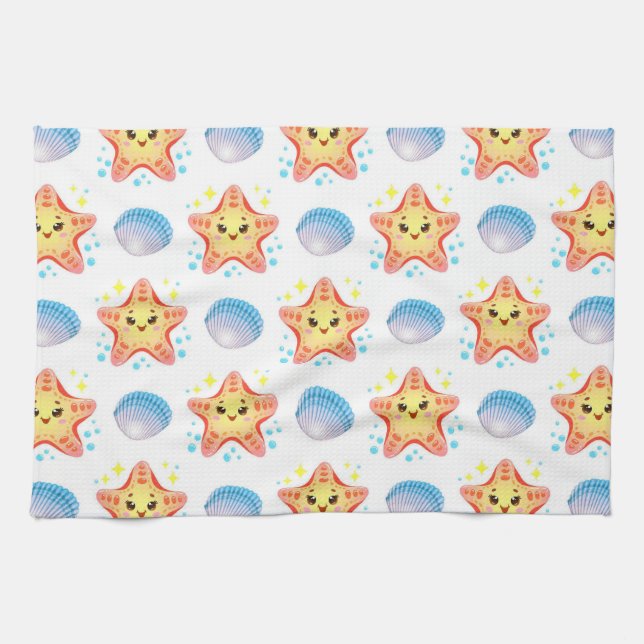 Cute Starfish and Seashells Kitchen Towel (Horizontal)