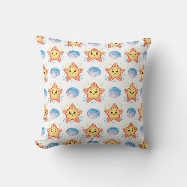 Cute Starfish and Seashells Throw Pillow (Front)