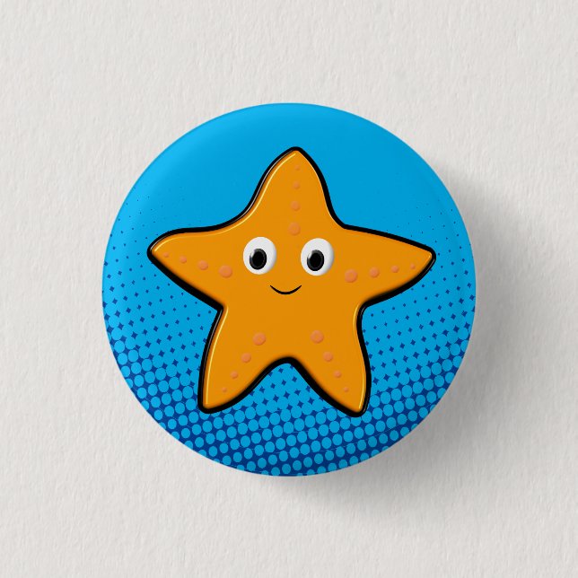 Cute Starfish Drawing Blue Ocean Button (Front)