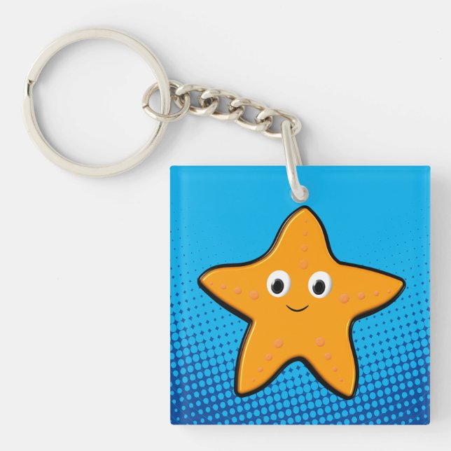 Cute Starfish Drawing Blue Ocean Keychain (Front)