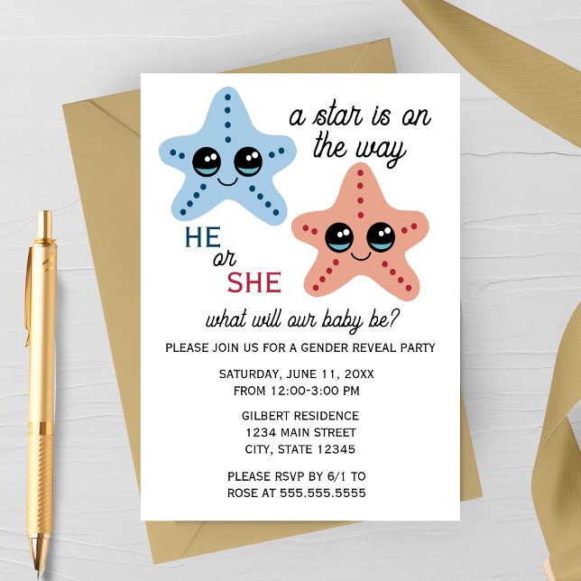 Cute Starfish Gender Reveal Party Invitation (Cute Starfish Gender Reveal Invitation | Summer Beach Gender Reveal | Star Themed)