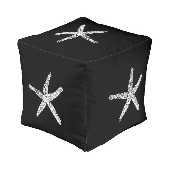 Cute Starfish Patterns Beach Black White Nautical Pouf (Angled Back)