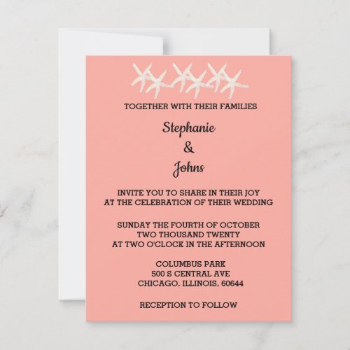 Cute Starfish Patterns White Salmon Orange Wedding Invitation