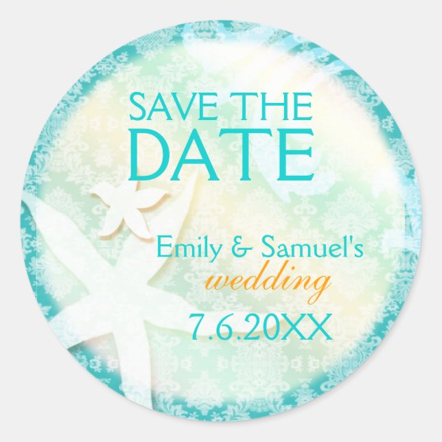Cute Starfish Teal Beach Wedding Save the Date Classic Round Sticker (Front)