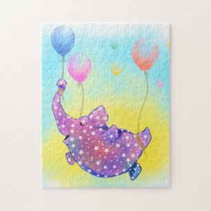 Cute Starry Elephant Flying with Colorful Balloons Jigsaw Puzzle
