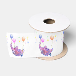 Cute Starry Elephant Flying with Colorful Balloons Satin Ribbon
