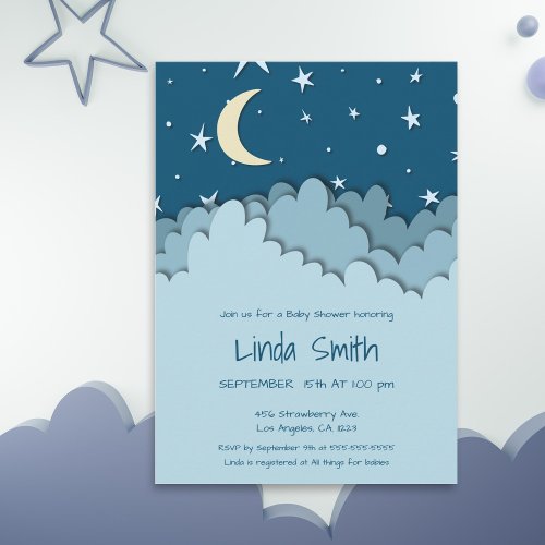 Cute Starry Night Blue Clouds Baby Shower Invitation