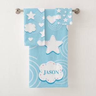 Cute Stars An Hearts on Blue Bath Towel Set