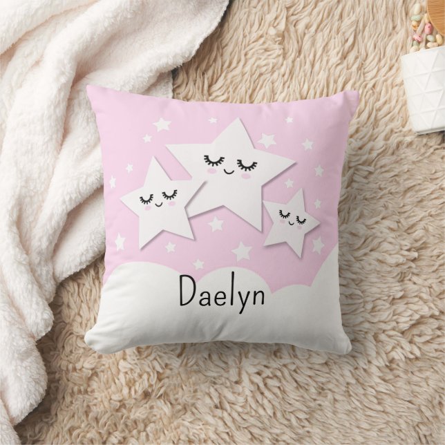 Cute Stars and Clouds in Pink Kid's Throw Pillow (Blanket)