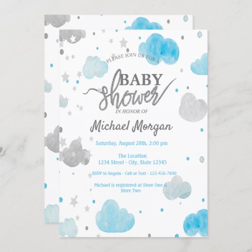 Cute Stars  Clouds  Baby Shower Invitation