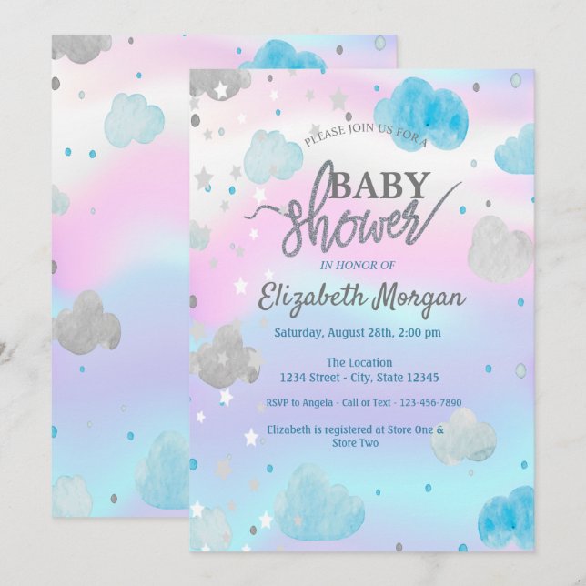 Cute Stars & Clouds Holographic  Baby Shower Invitation (Front/Back)