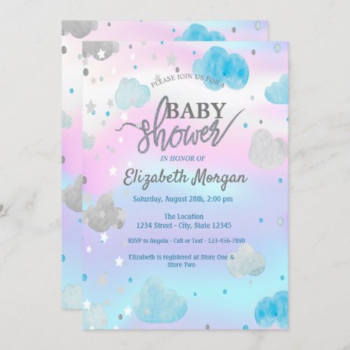 Cute Stars  Clouds Holographic  Baby Shower Invitation
