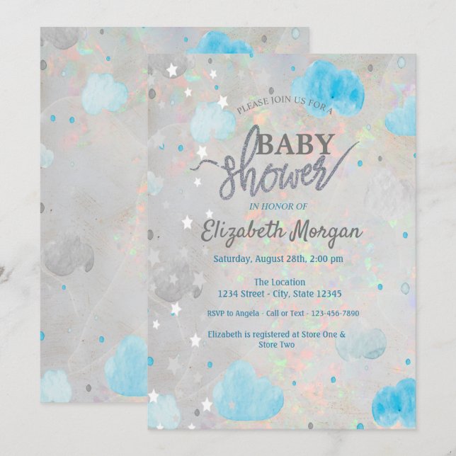 Cute Stars & Clouds Holographic Opal Baby Shower  Invitation (Front/Back)