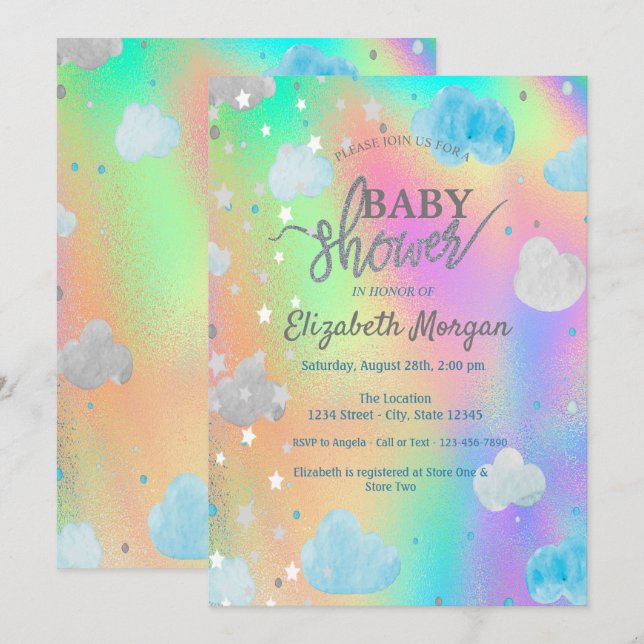 Cute Stars & Clouds Rainbow Holographic   Invitation (Front/Back)