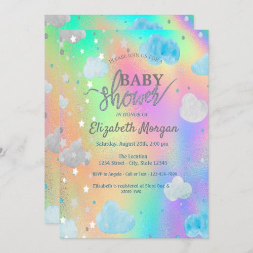 Cute Stars  Clouds Rainbow Holographic   Invitation