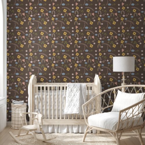 Cute Stars Floral Hearts Rainbows  Brown Nursery Wallpaper