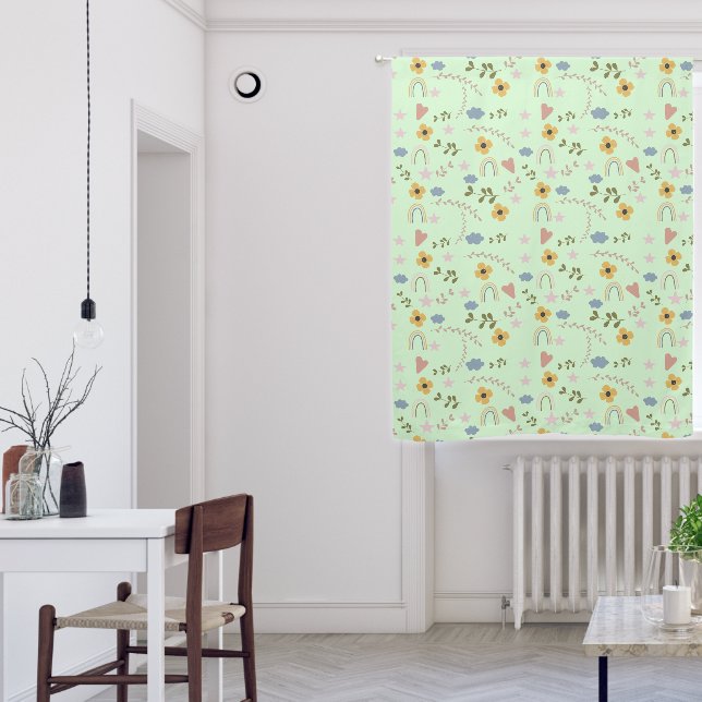 Cute Stars Flowers Hearts Rainbows Green Nursery Blackout Curtains (Living Room)