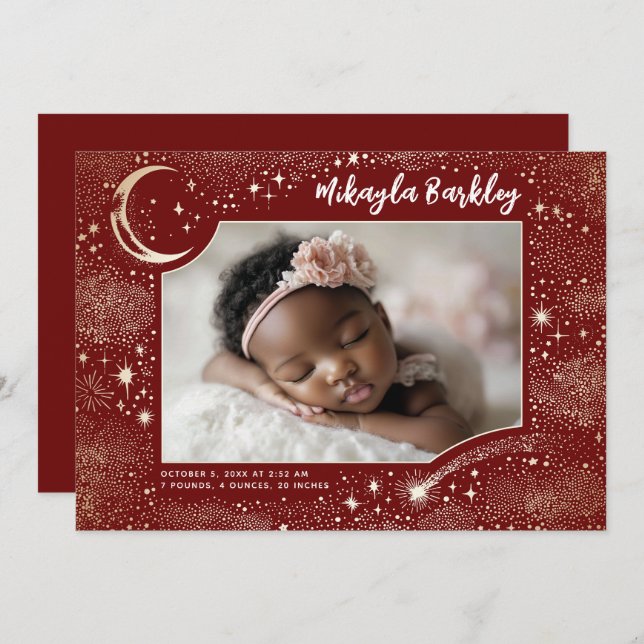 Cute Stars Moon Celestial Newborn Photo Birth Announcement (Front/Back)