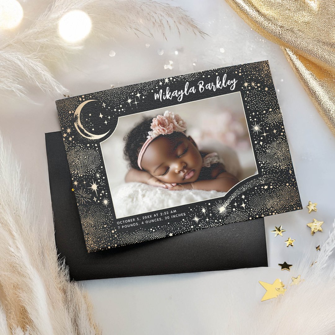 Cute Stars Moon Celestial Newborn Photo Birth Announcement (Moon and Stars Magical Birth Announcement Photo Card)