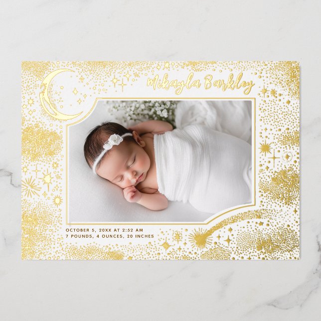 Cute Stars Moon Celestial Newborn Photo Birth Foil Invitation (Front)