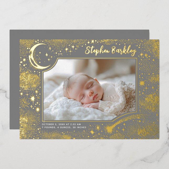 Cute Stars Moon Celestial Newborn Photo Birth Foil Invitation (Front/Back)