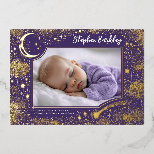 Cute Stars Moon Celestial Newborn Photo Birth Foil Invitation (Front)