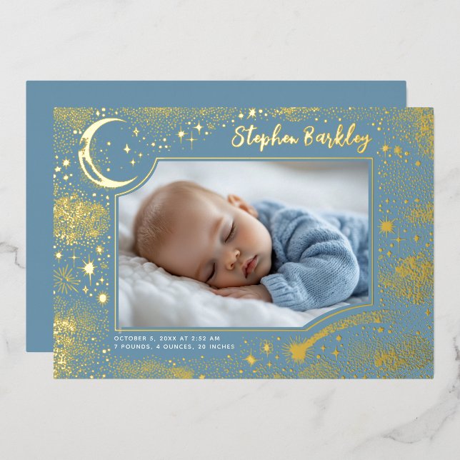 Cute Stars Moon Celestial Newborn Photo Birth Foil Invitation (Front/Back)