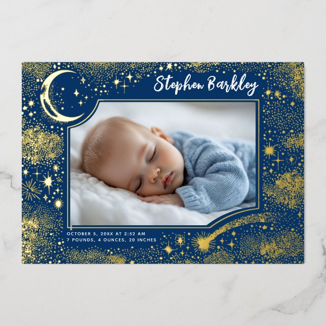 Cute Stars Moon Celestial Newborn Photo Birth Foil Invitation (Front)