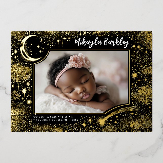 Cute Stars Moon Celestial Newborn Photo Birth Foil Invitation (Front)