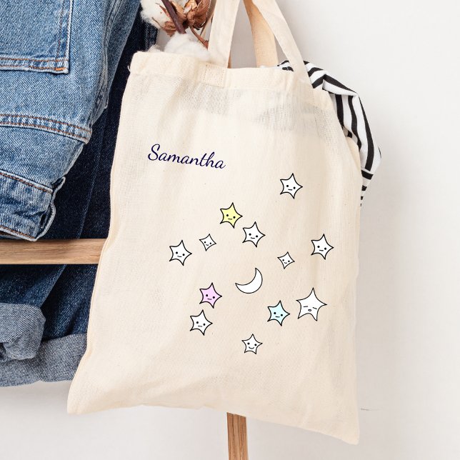 Cute Stars Moon Custom Name Kawaii Tote Bag (Creator Uploaded)