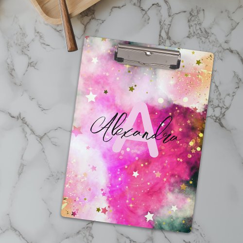 Cute Stars Pink Clouds And Fancy Chic Name Initial Clipboard