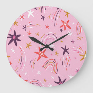 Cute Stars Rainbows Pink Pattern Large Clock