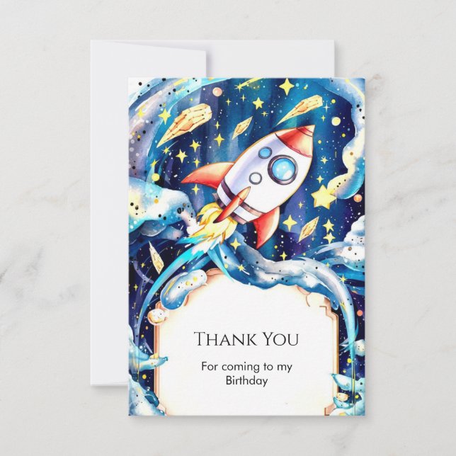 Cute Stars Rocket Birthday Thank You Card (Front)
